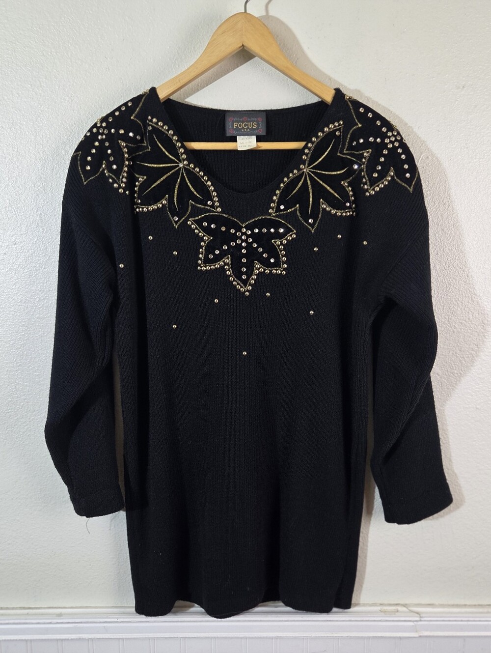 Vintage Focus USA Black Sweater Womens L Leaf Studded Rhinestone Beaded USA Made